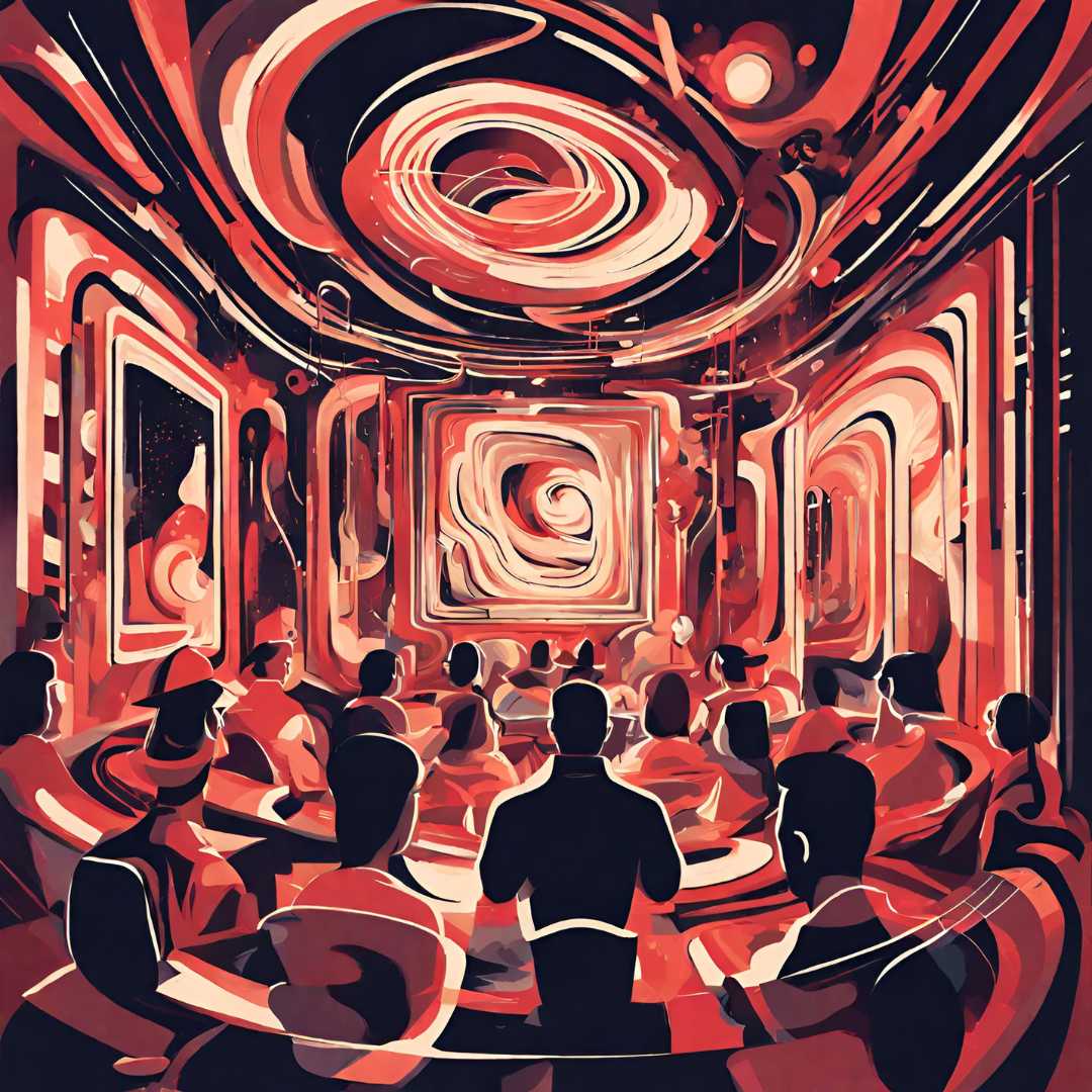 an AI-generated image showing actors on a theater stage in an abstract illustration style