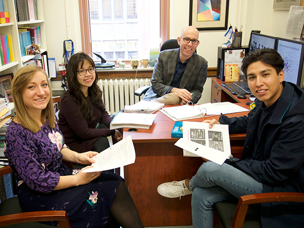 Oren Pizmony-Levy (rear), Assistant Professor of International & Comparative Education, with doctoral student Phoebe Linh Doan (rear, left) and master's degree students Erika Kessler and Jonathan Carmona, all in TC's International & Comparative Education program. (Photo Credit: Desiree Halpern)