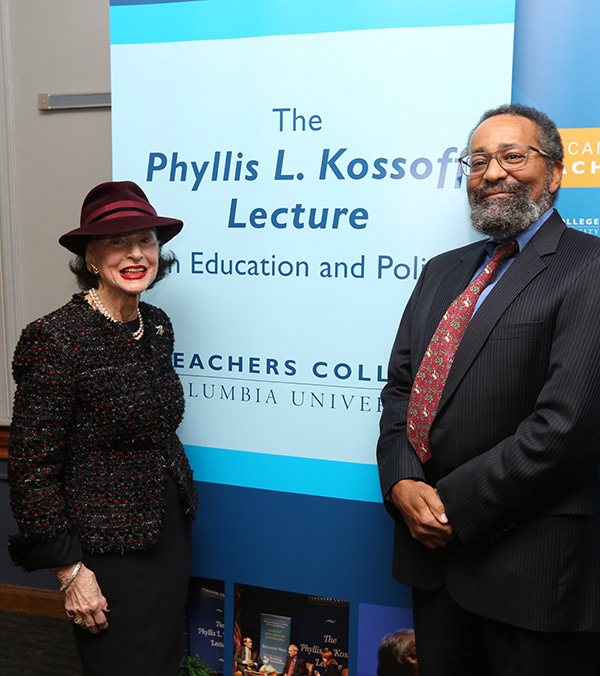 TC alumna Phyllis Kossoff, who funds TC's annual Phyllis L. Kossoff Lecture on Education & Policy, with Clinton adviser Christopher Edley.