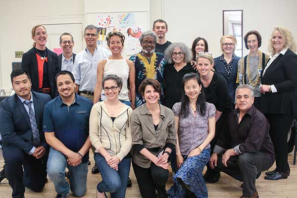 TEACHING ARTIST TEAM All standing (with teaching artists in the foreground): Leslie Nelson (second from right); her brothers, Andrew and Doug Morse (second and third from left), and Kim Greenberg (third from right); Lori Custodero (far right) and Eileen Doyle (far left), Jennifer DeFiglia (fourth from left); and Claudia Cali (fourth from right).