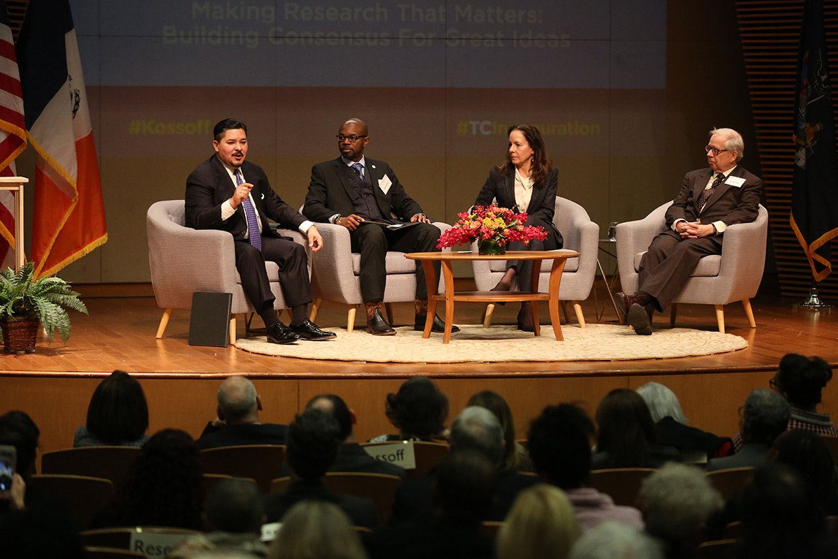 Richard Carranza and a panel of TC faculty in discussion after the Kossoff Lecture on Dec 6