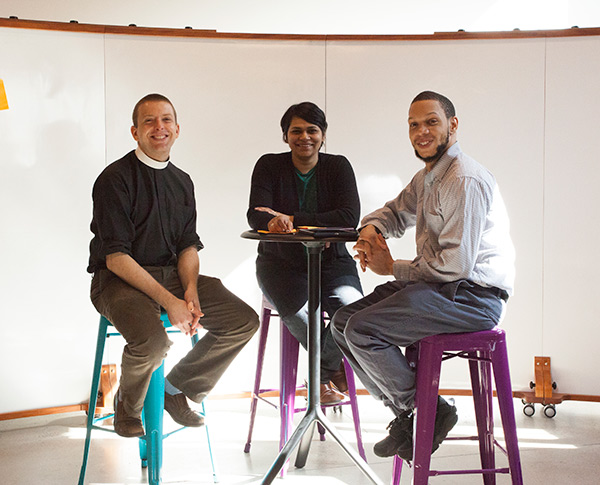 THE COLLECTIVE WE Vasudevan collaborates closely with her students, including doctoral candidate Kyle Oliver (left) and master's candidate Troy Williams.