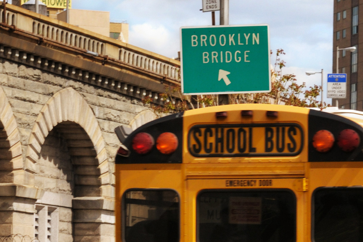 School bus near Brooklyn Bridge